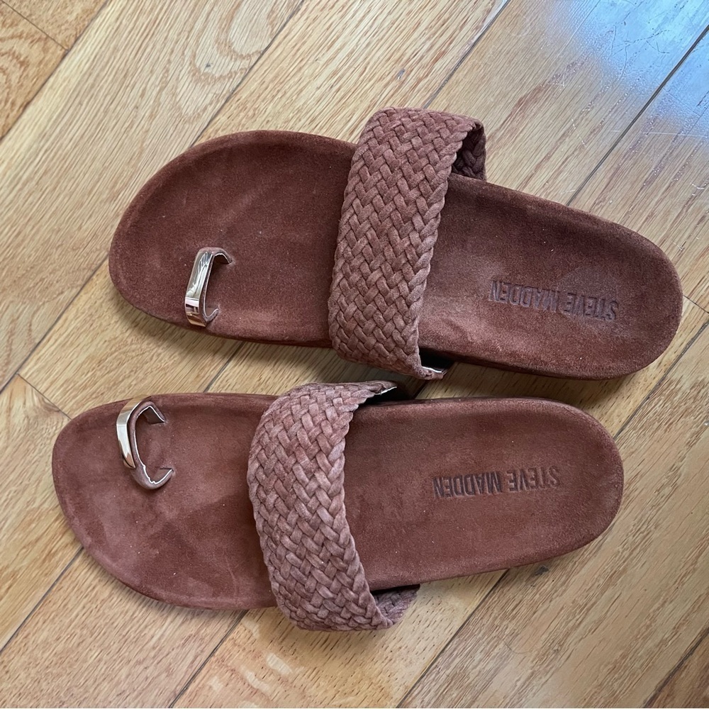 Steve Madden Somona Toe Loop Slide Sandals, Brown Woven Suede, Size 7, Womens - Picture 5 of 12